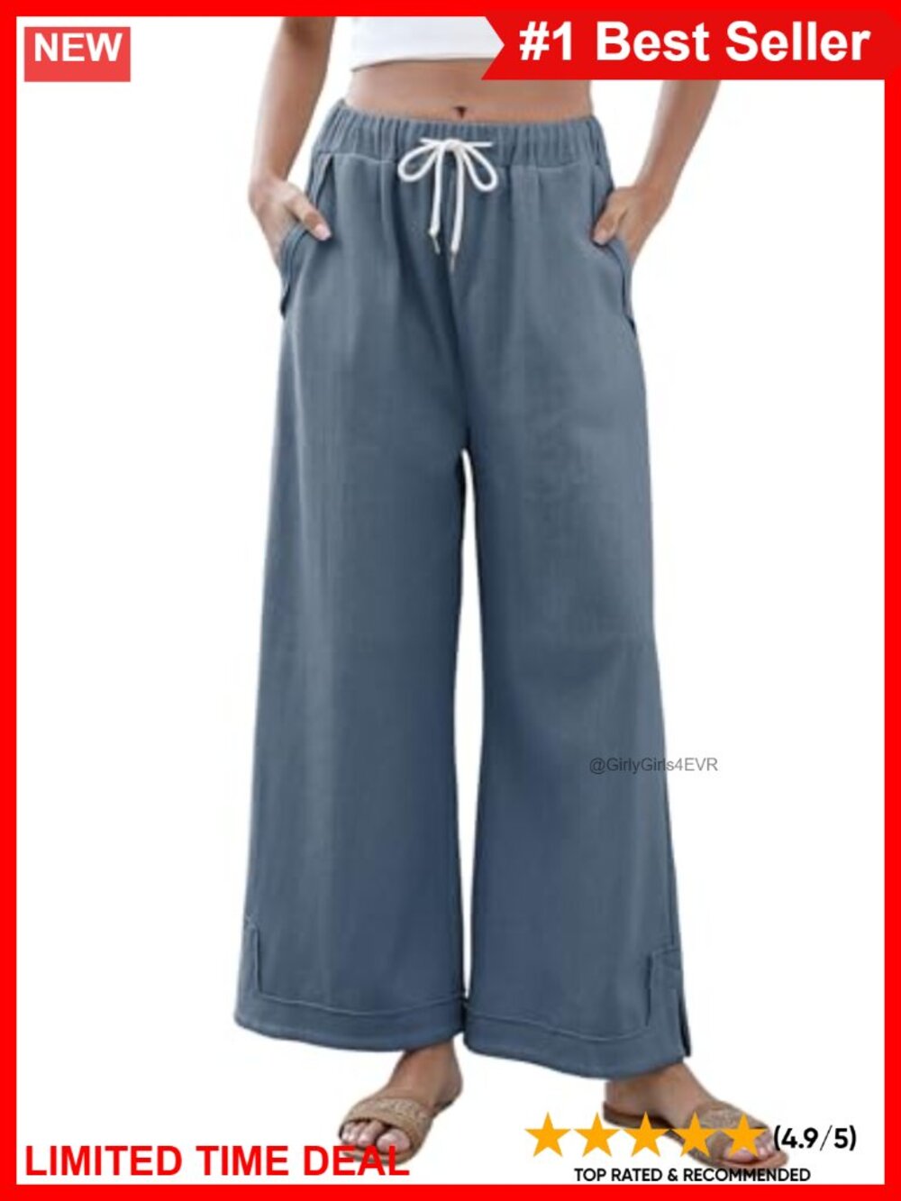 Wide Leg Palazzo Pants Cotton Drawstring Elastic Waist Lounge Trousers